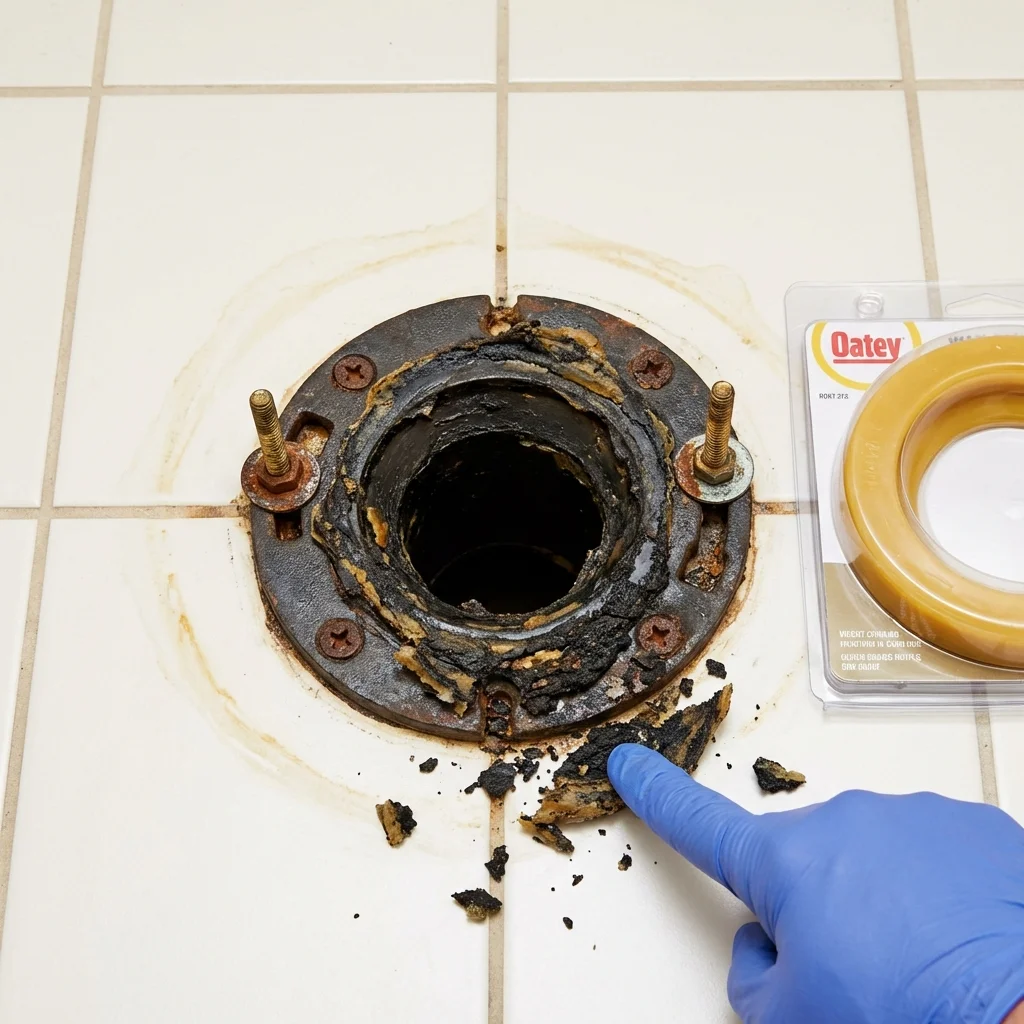 Failed wax ring showing water seepage at the base of a toilet in a Centralia, MO home
