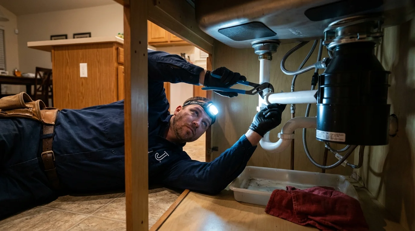 P-trap and supply line connections under a kitchen sink showing a common leak point in Centralia, MO